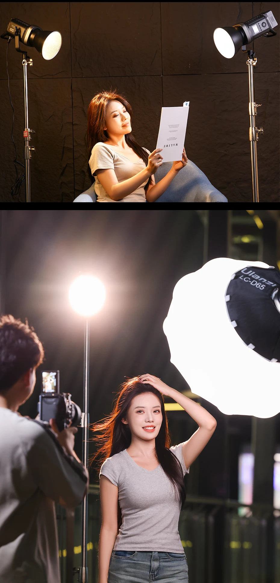LC-D65 parabolic softbox with white interior and black backing, used to soften studio lighting for photography.