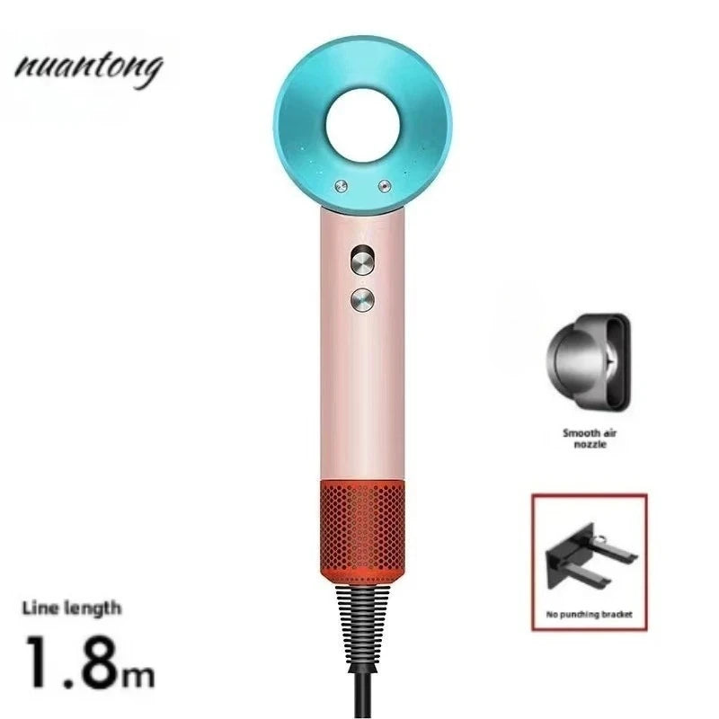 Blue and rose gold 5-in-1 professional hair dryer with smooth air nozzle and wall bracket for heat-safe styling.