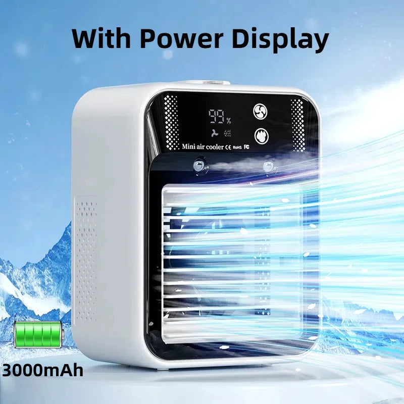 Tidesmit portable mini air cooler with water tank and 1800mAh battery for desktop cooling, side angle view.