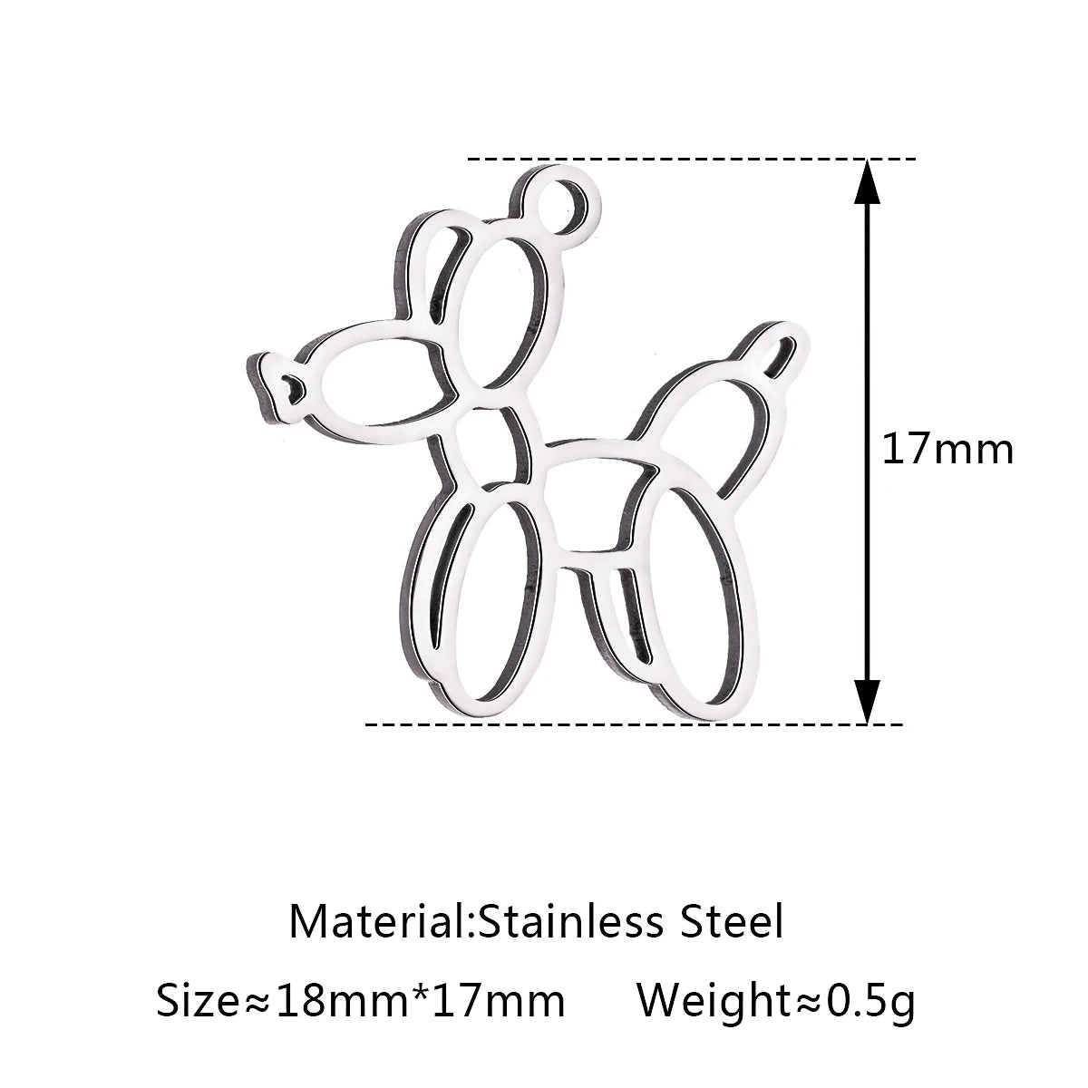 Silver stainless steel balloon dog pendant charm for DIY pet jewelry necklaces and bracelets, 18x17mm.