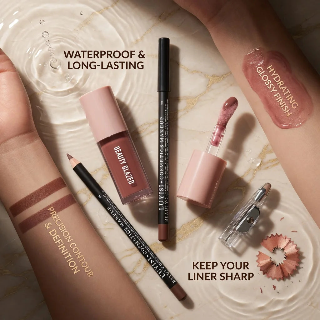 3-piece lip makeup set with nude lip liner, glossy liquid lipstick, and sharpener for a defined, hydrating finish.
