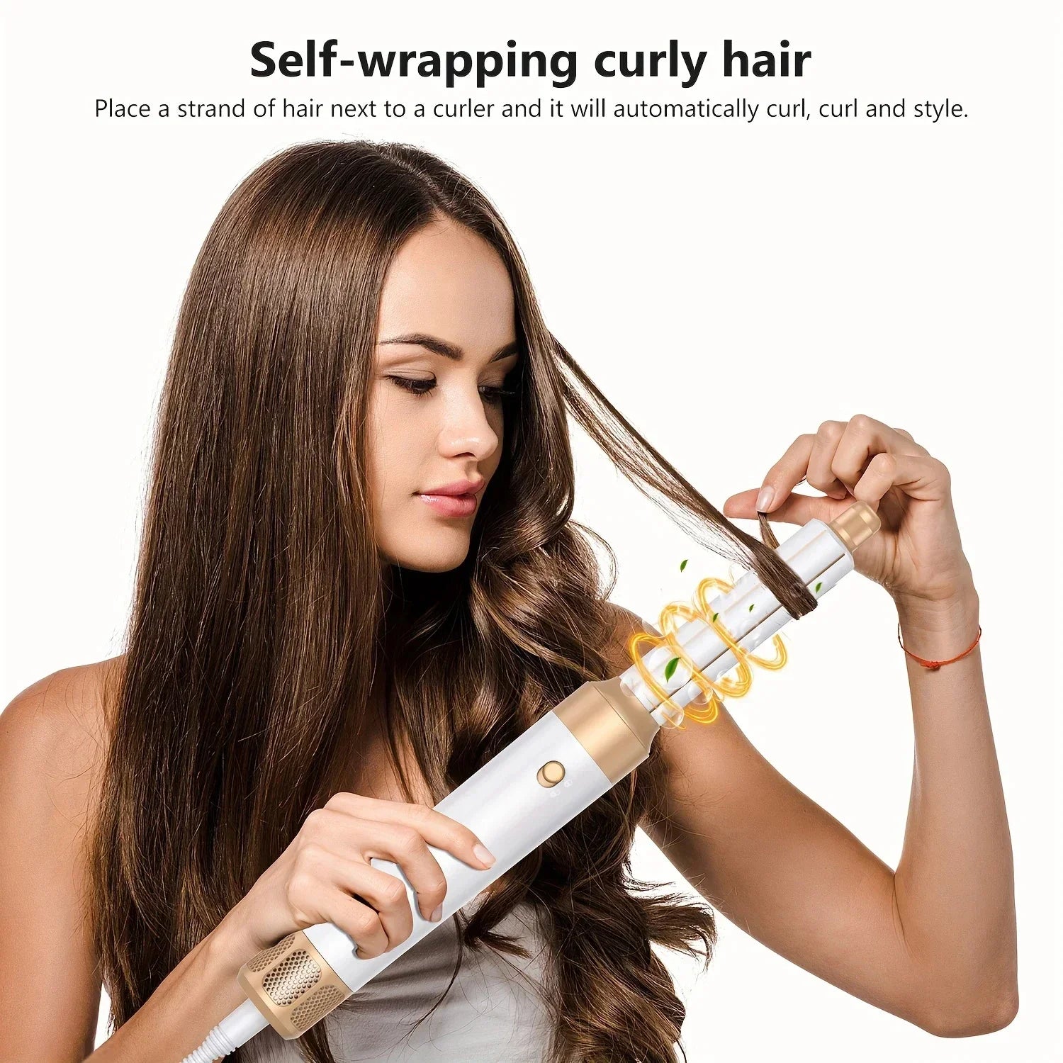 White and gold 7-in-1 auto-wrap hair curling wand styling tool for professional salon-quality curls at home.