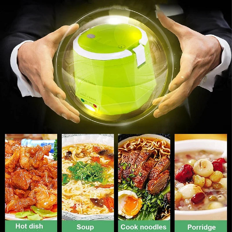 Portable 1.6L car rice cooker, lime green lid open with hands holding the unit