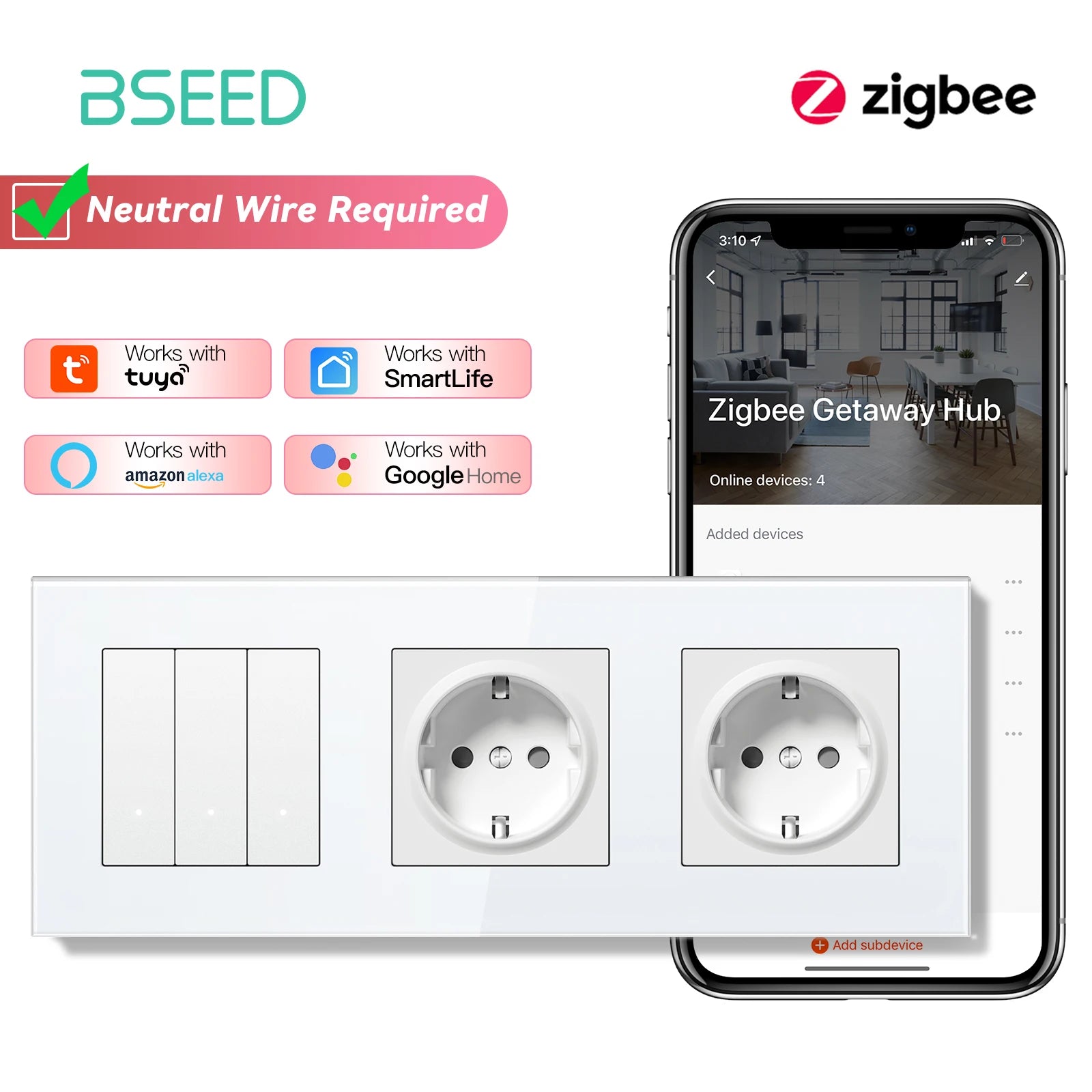 Zigbee Smart Light Switch with USB-C Port - EU Standard | Tidesmit 3Gang Sockets EU standard Tidesmit