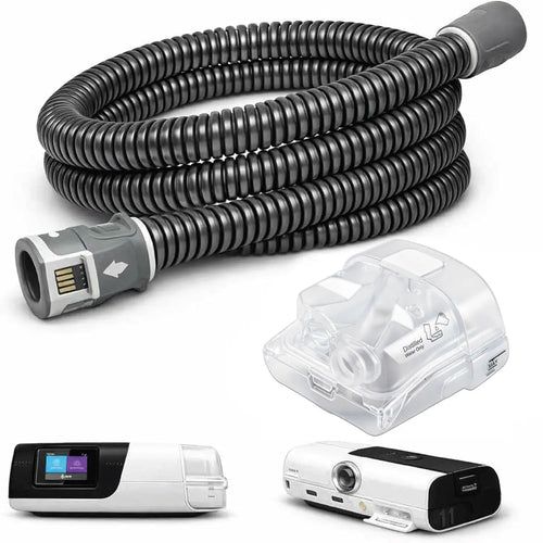 CPAP hose and clear humidifier chamber for ResMed AirSense 10 sleep apnea therapy machine, grey and white design.