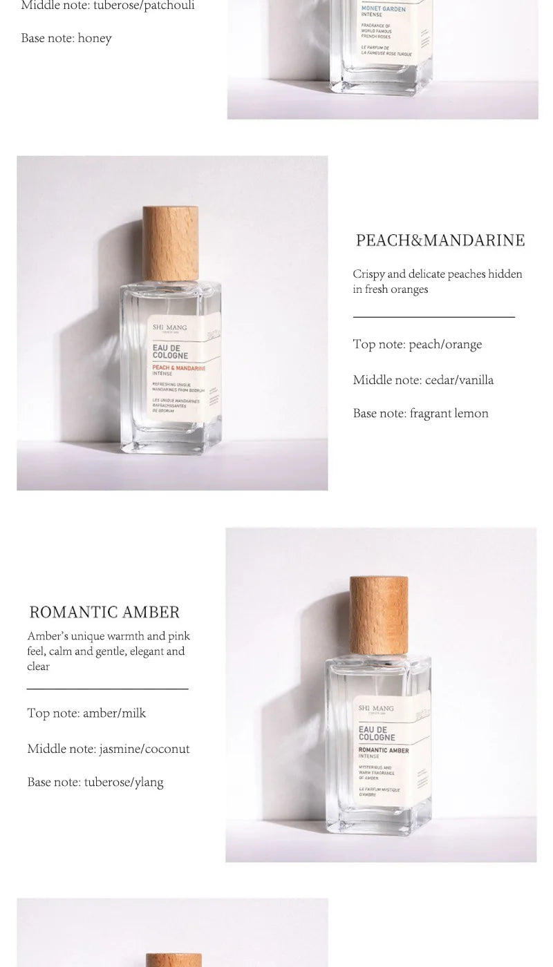 Shi Mang Peach & Mandarine EDP, 50ml women's fruity cologne, wooden cap, clear glass bottle, long-lasting daily scent.