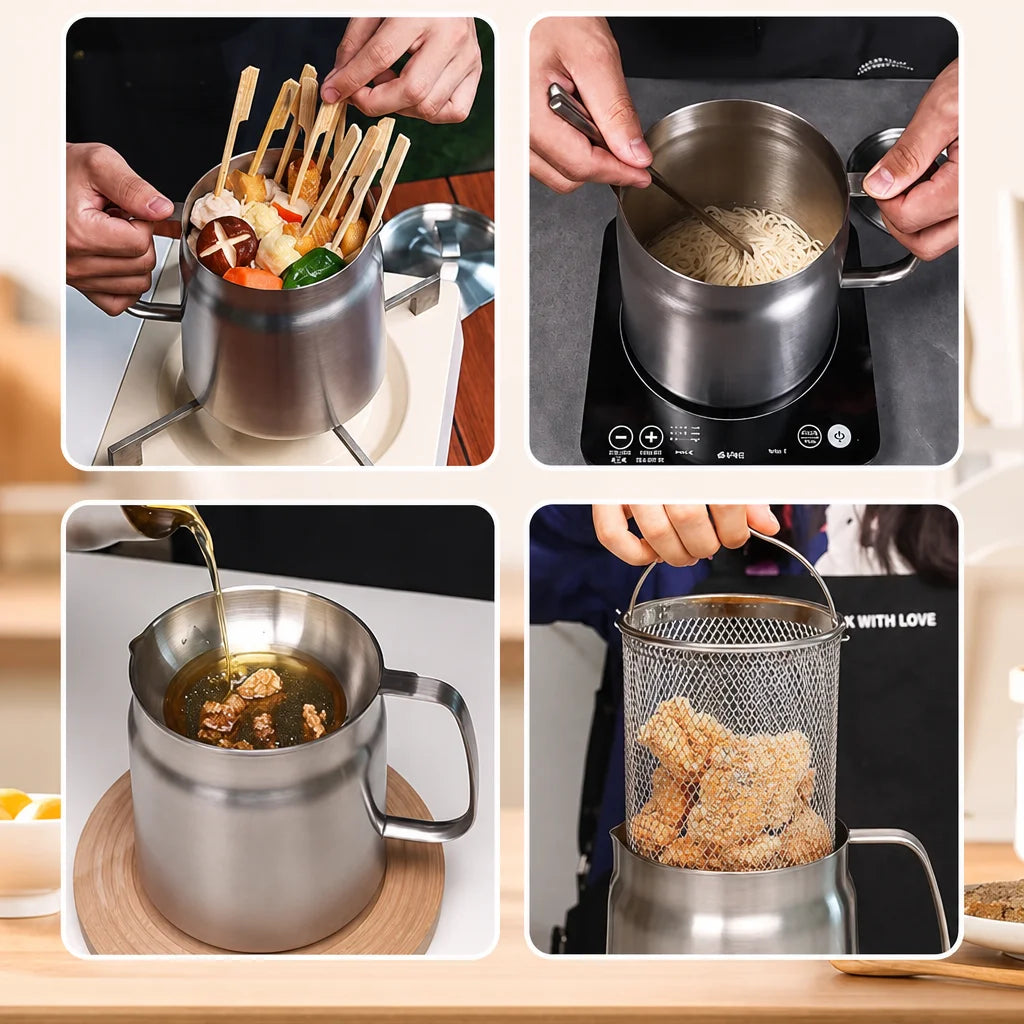 1.5L Stainless Steel Deep Fryer Pot with Basket and Oil Strainer, 304 Stainless Steel Deep Fryer Pot for French Fries and Chicke