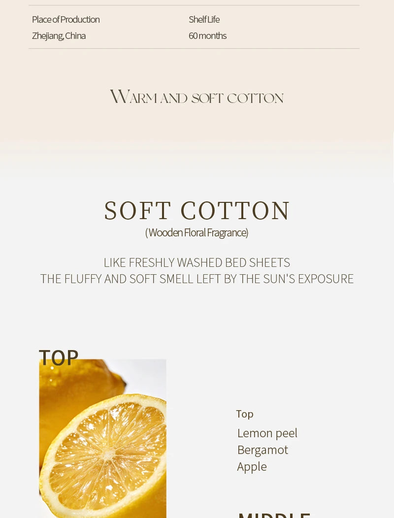 Soft Cotton unisex perfume, wooden floral scent with lemon, bergamot, apple. Fresh, long-lasting daily niche fragrance.