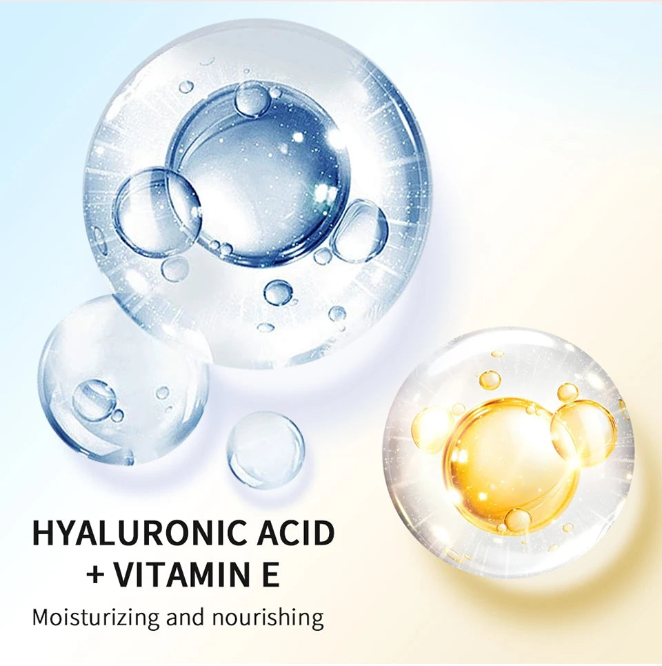 Moisturizing lip liner ingredients: Hyaluronic Acid and Vitamin E extract in clear water and oil serum bubbles.