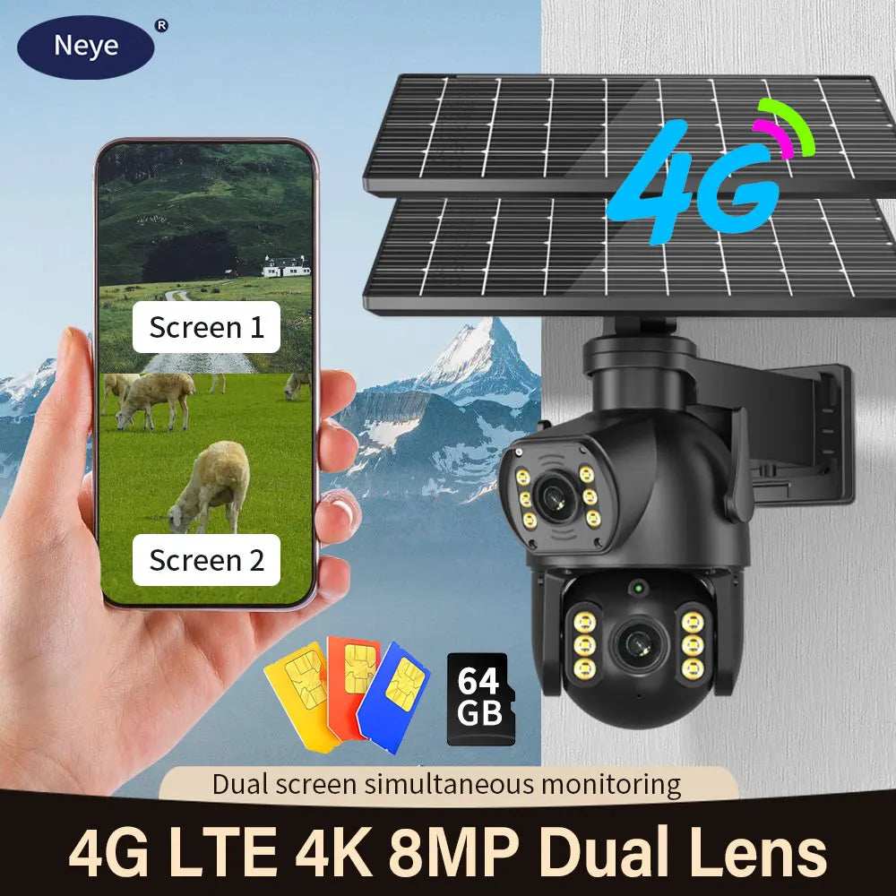 8MP 4K 4G SIM Solar Camera Outdoor Dual Lens Dual Screen Camera AI Automatic Tracking Detection Built-In Battery Solar Camera