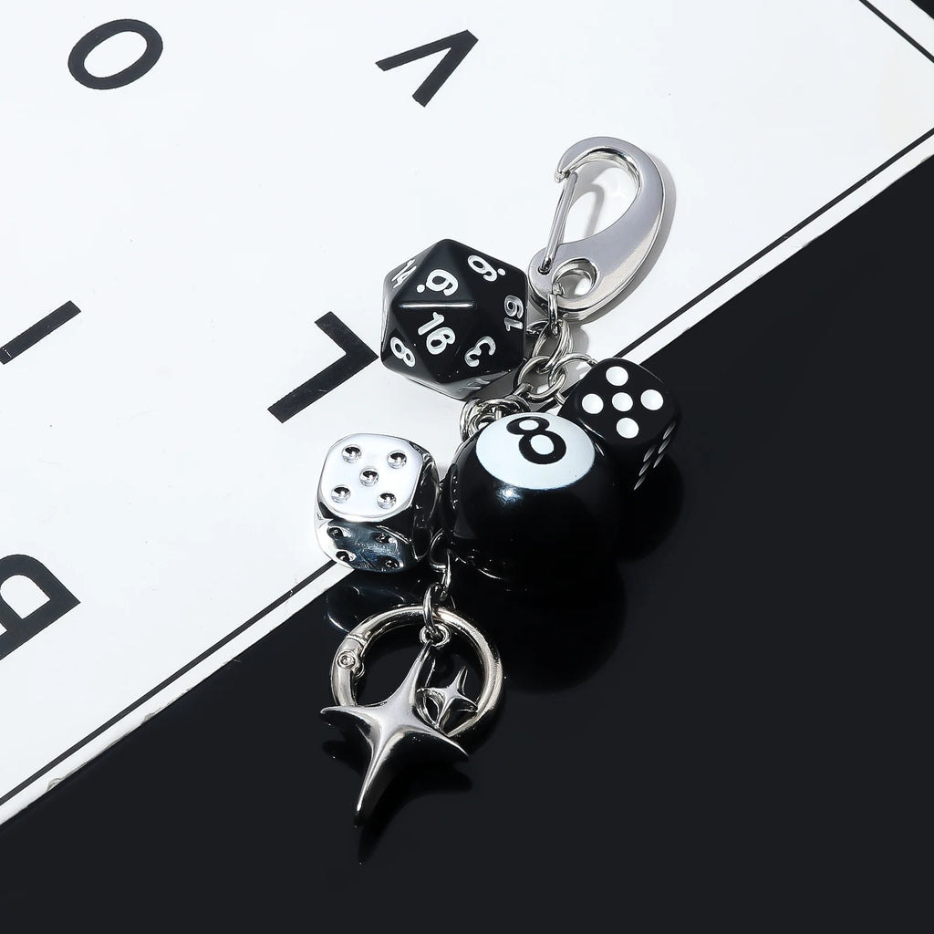 Punk Hiphop Black Dice No. 8 Billiards Keychain Y2K Pink Lucky Dice Starburst Pendant Bag Charms Hangings Ornament Accessories
