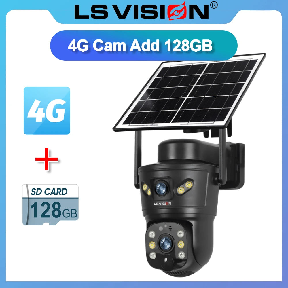 LS VISION Dual-Screen 4G/Wifi Outdoor Solar Camera Security 4K PIR Human Tracking CCTV Surveillance Camera V380 Pro Waterproof
