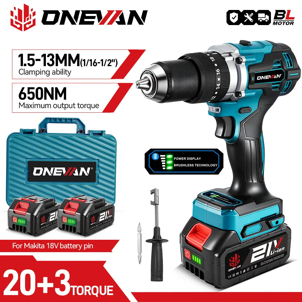 ONEVAN 13MM 650N.M Brushless Electric Impact Drill 20+3 Torque Electric Hammer Drill Power Tool For Makita 18V Battery Pin