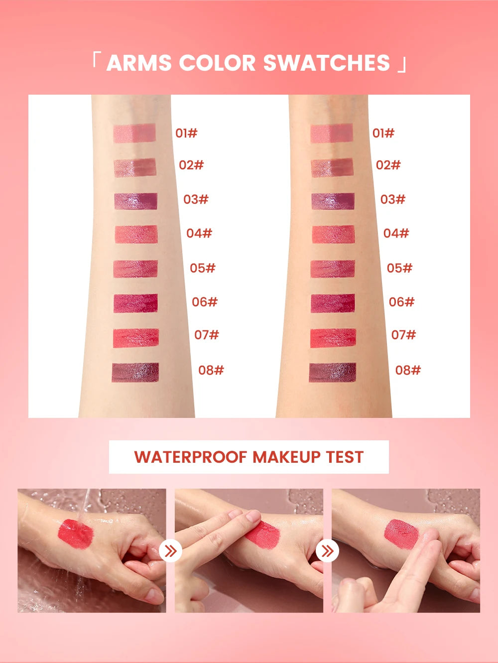 QIBEST glossy lip glaze swatches on arm showing 8 shades, mirror finish texture, and waterproof liquid lipstick test.