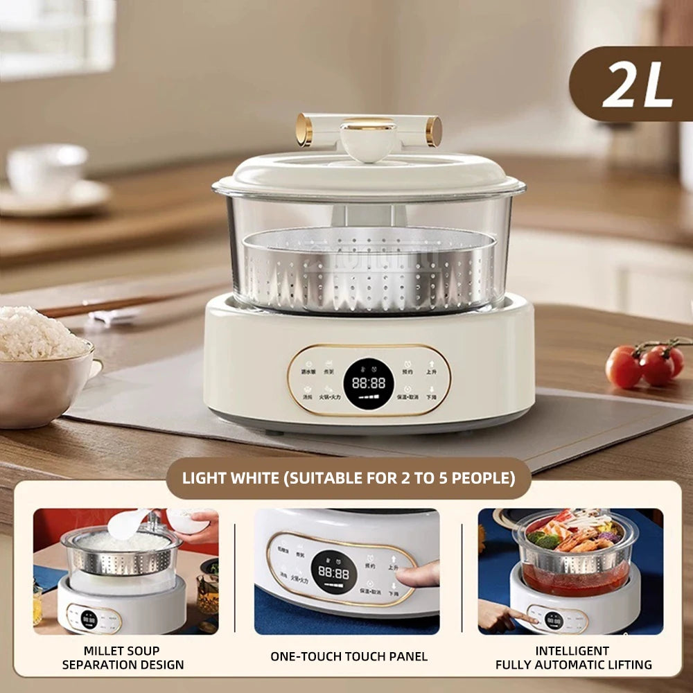 Light white 2L rice steamer multi-cooker with lid, inner basket, and touch panel