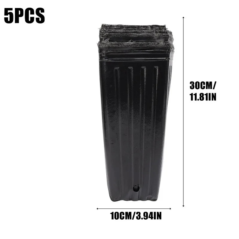 Set of 5 black plastic nursery pots, 30cm x 10cm, drainage hole bottom