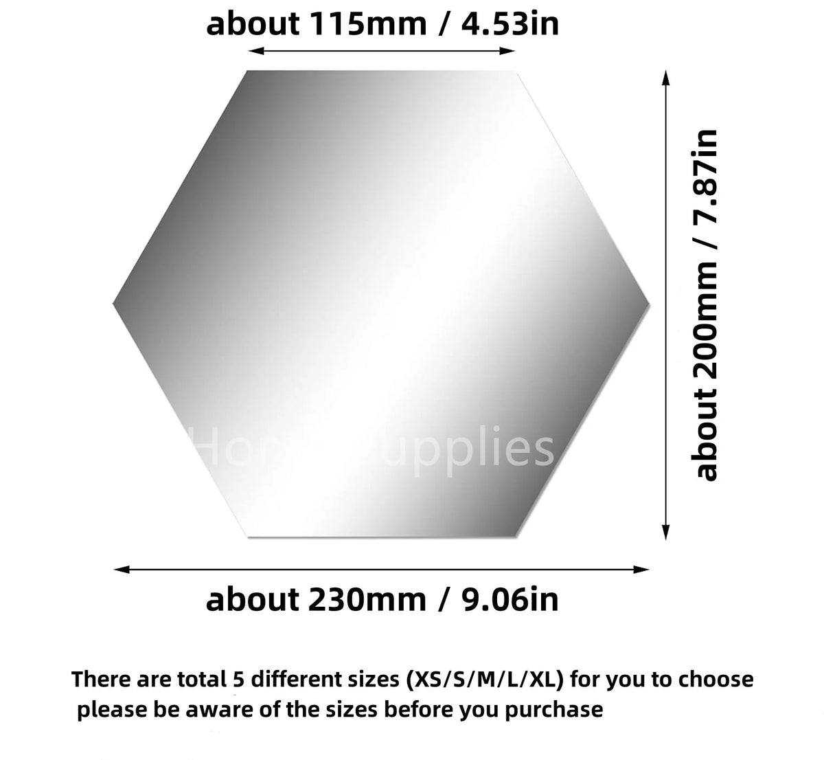 Silver hexagon mirror sticker, approx 230mm x 115mm.