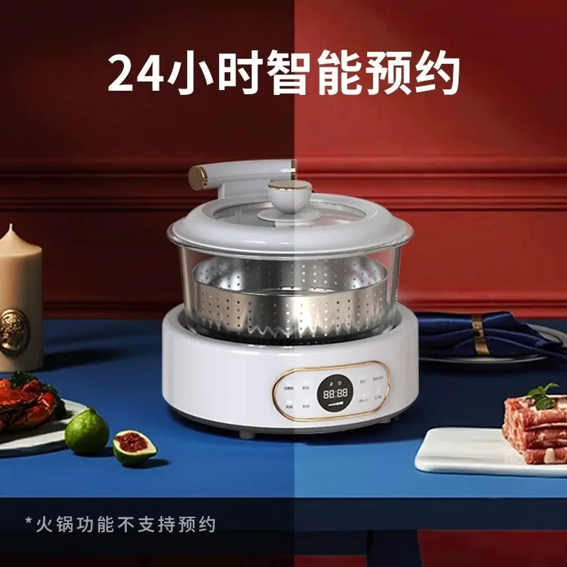 White automatic steaming rice cooker with domed lid, stainless basket, and side foods