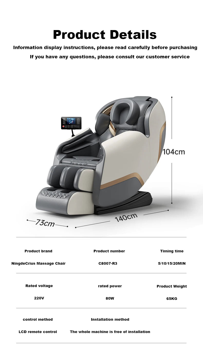 Gray and beige shiatsu massage chair with controller display, headrest and rollers