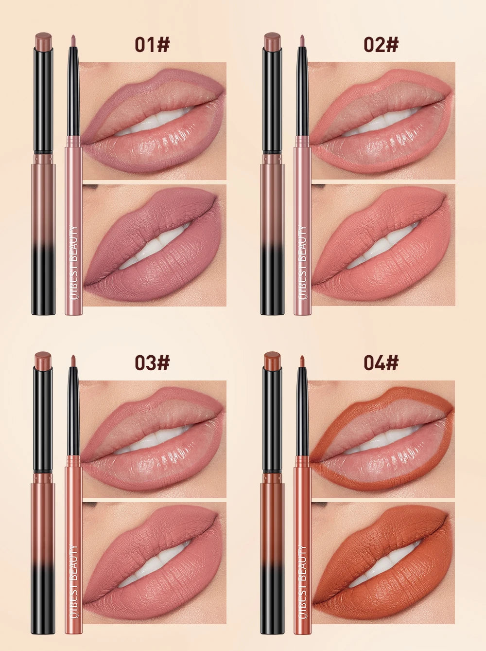 QIBEST matte nude lipstick and lip liner pencil set in 4 shades, showing waterproof, long-lasting lip makeup swatches.