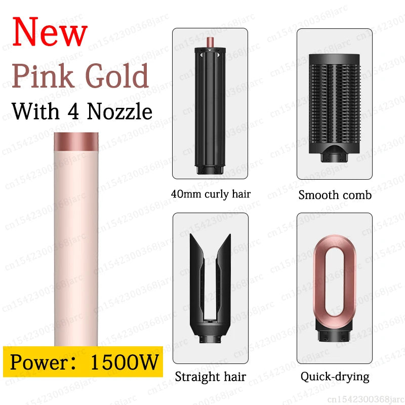 Pink Gold SenCiciMen X9 1500W hot air hair styler with 4 attachments: curling barrel, smooth comb, and dryer nozzle.