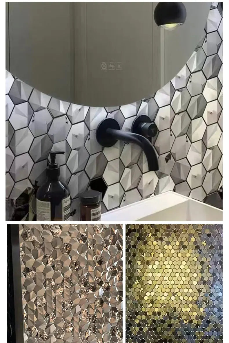 Hexagon Self-Adhesive Metal Mosaic Tiles, 3D Stainless Steel Look Aluminum Plastic Panel, Peel and Stick for Living Dining