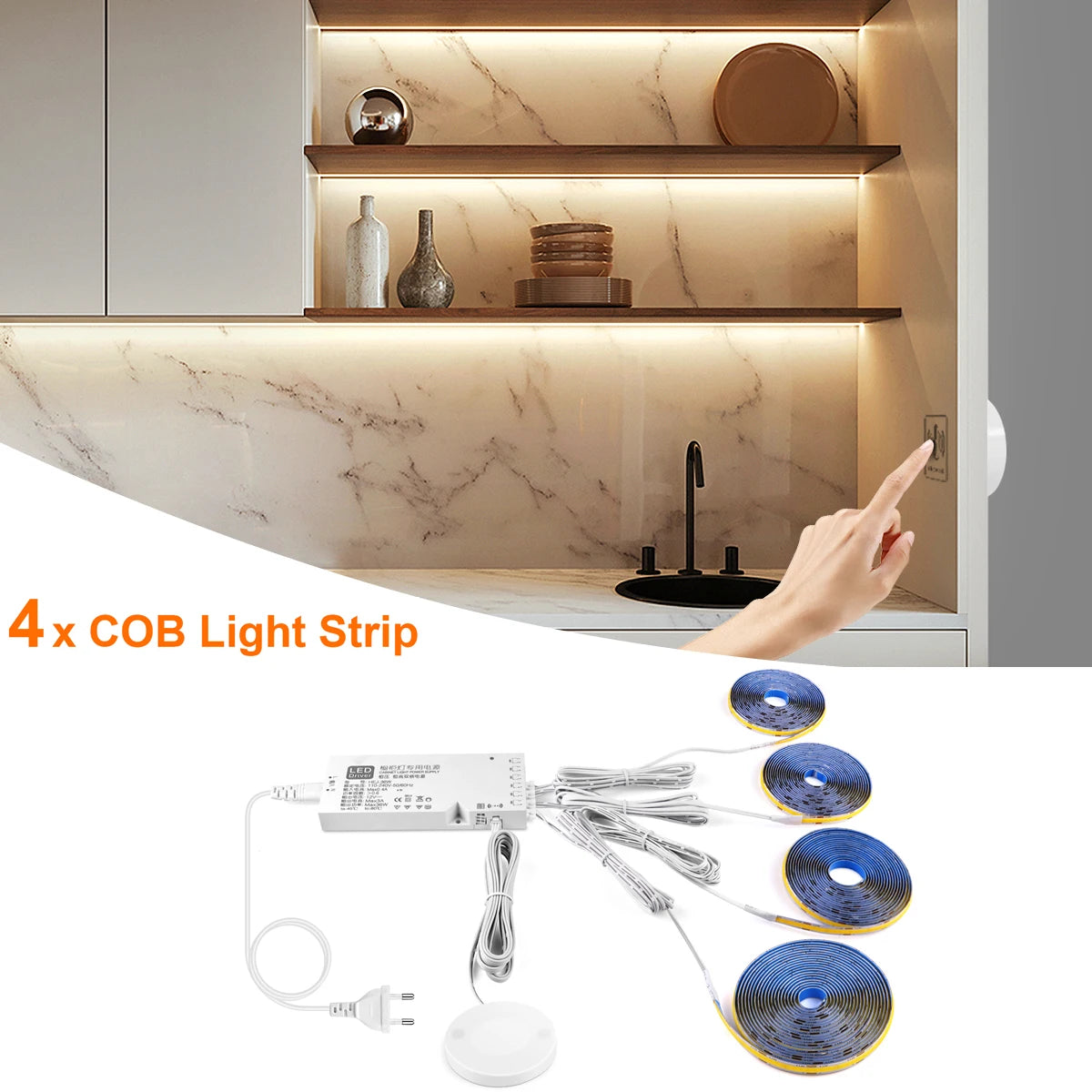 Self-adhesive COB LED strip light kit with four tape rolls, wires, and power adapter