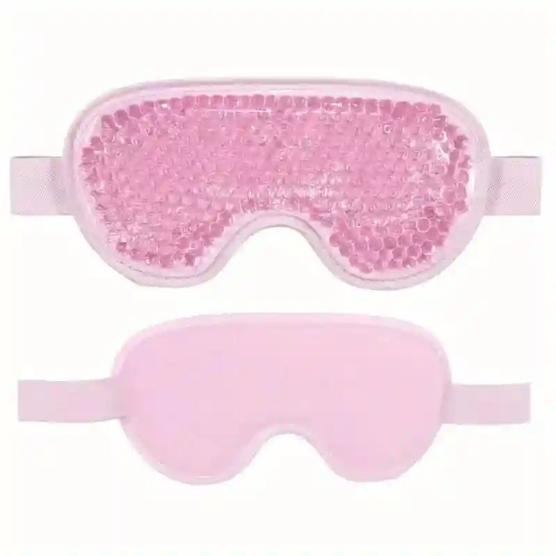 Two pink gel eye masks with elastic straps; one features visible internal gel beads, the other has a smooth finish.
