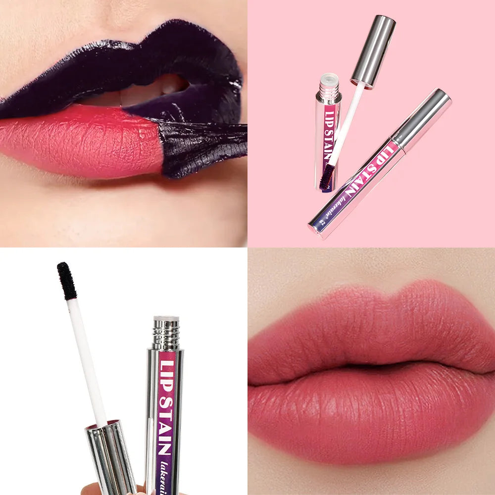 Waterproof peel-off lip stain with matte finish applicator and smooth pink lip tint result on lips.
