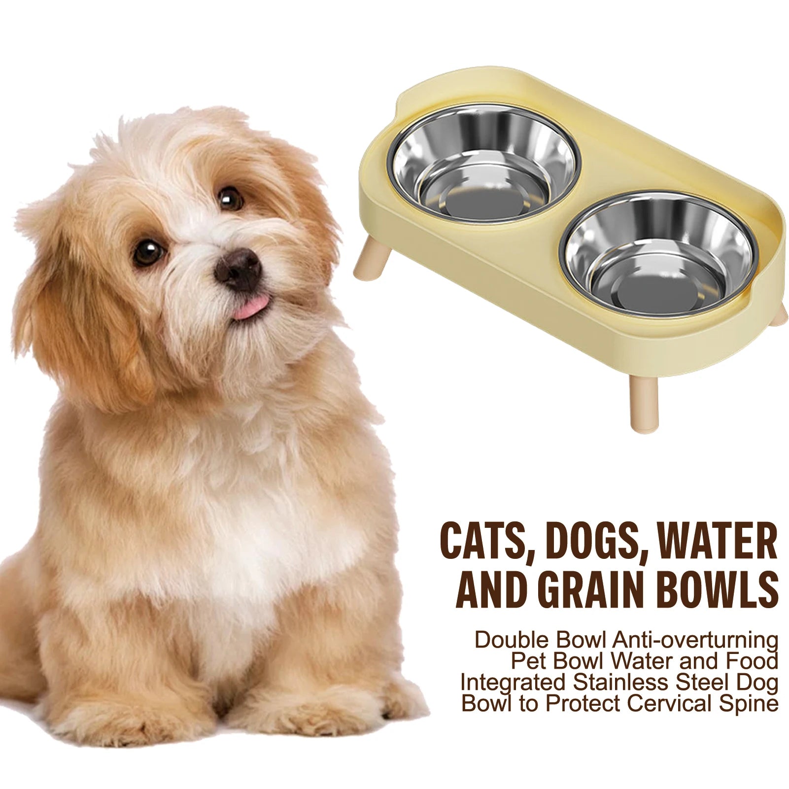 Elevated stainless steel dual pet bowl for cats and dogs to protect cervical spine, beige anti-slip food feeder.