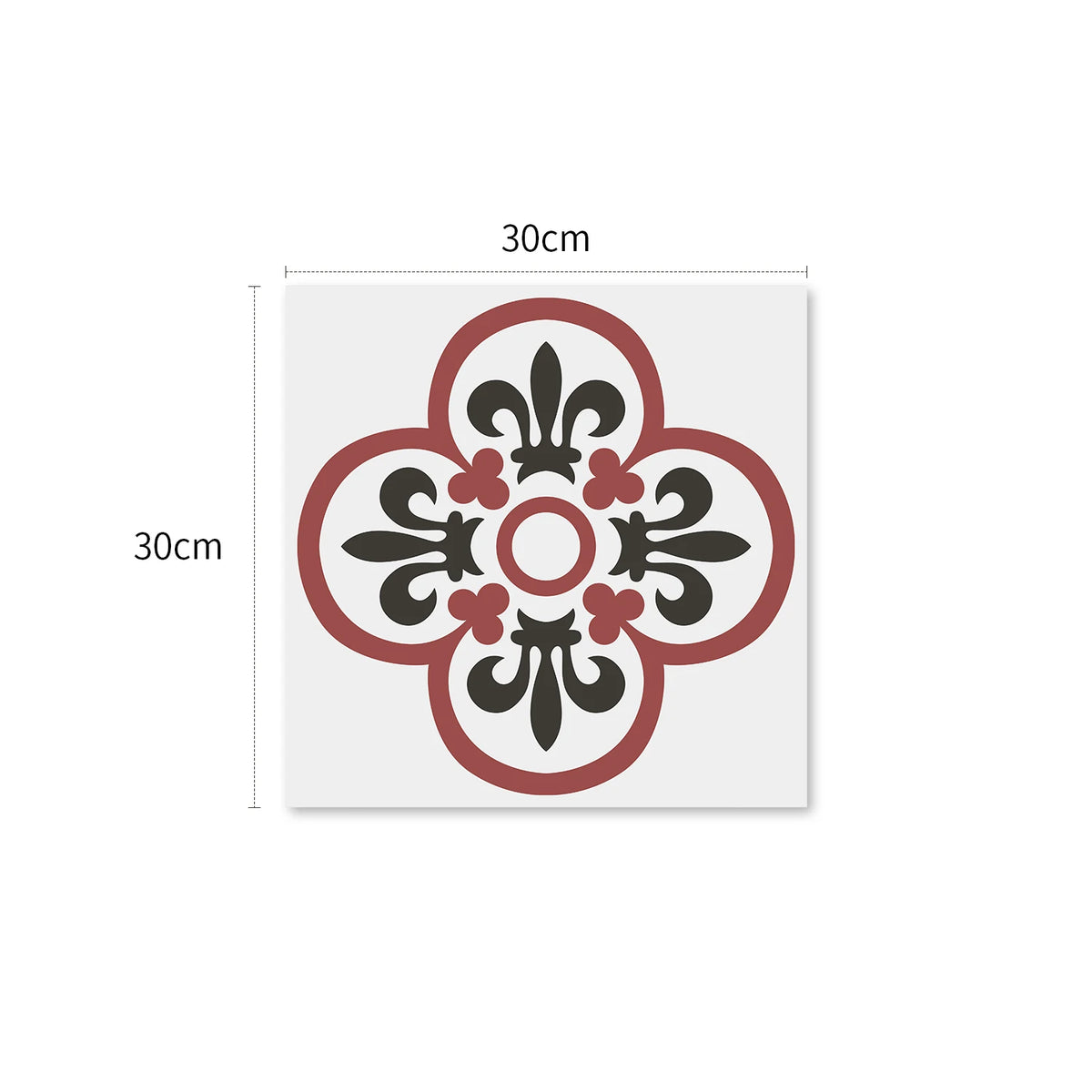 Red fleur-de-lis vinyl tile sample with black details on white, 30cm