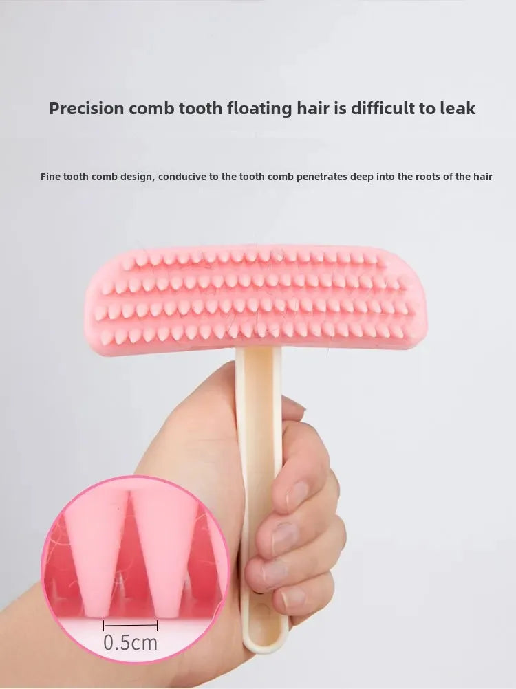 Pink silicone small pet hair comb for rabbits and cats, featuring precision teeth for effective grooming and shedding.