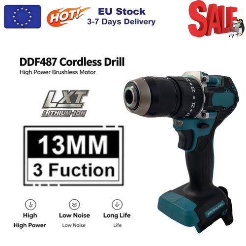 Blue and black cordless drill driver with 13mm keyless chuck and LED work light
