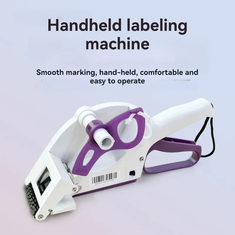 Handheld labeling machine in white and purple with front label plate and side handle