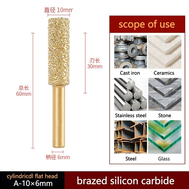 Brazed silicon carbide cylindrical flat head, 10mm diameter, 6mm shank