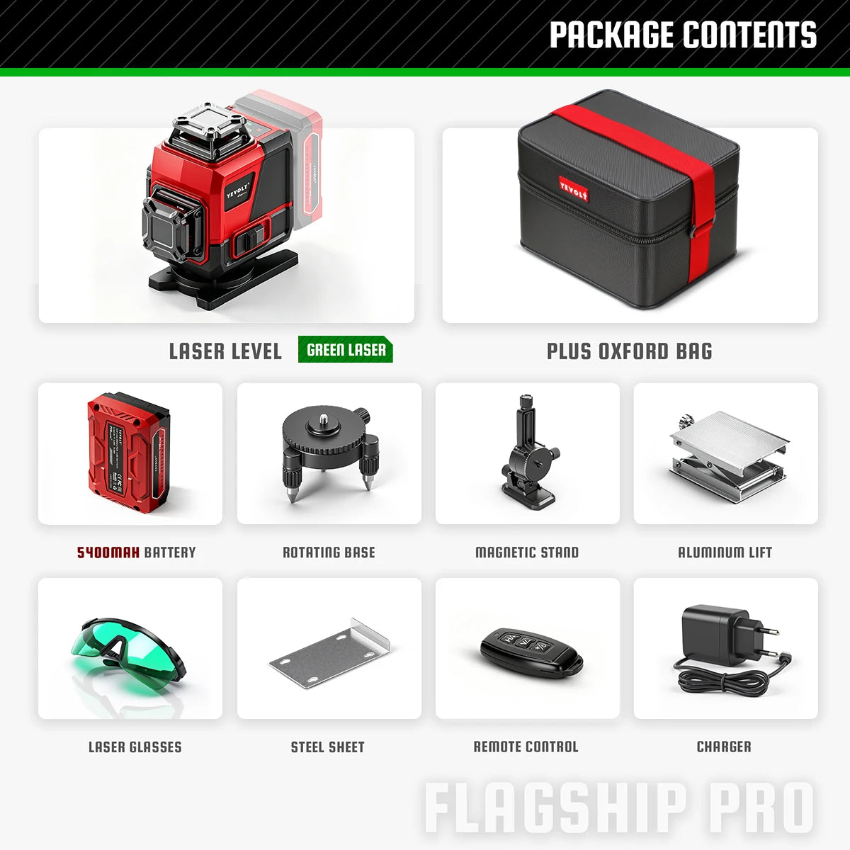 YEVOLT 4D green laser level kit with black Oxford bag, rotating base, steel sheet, charger