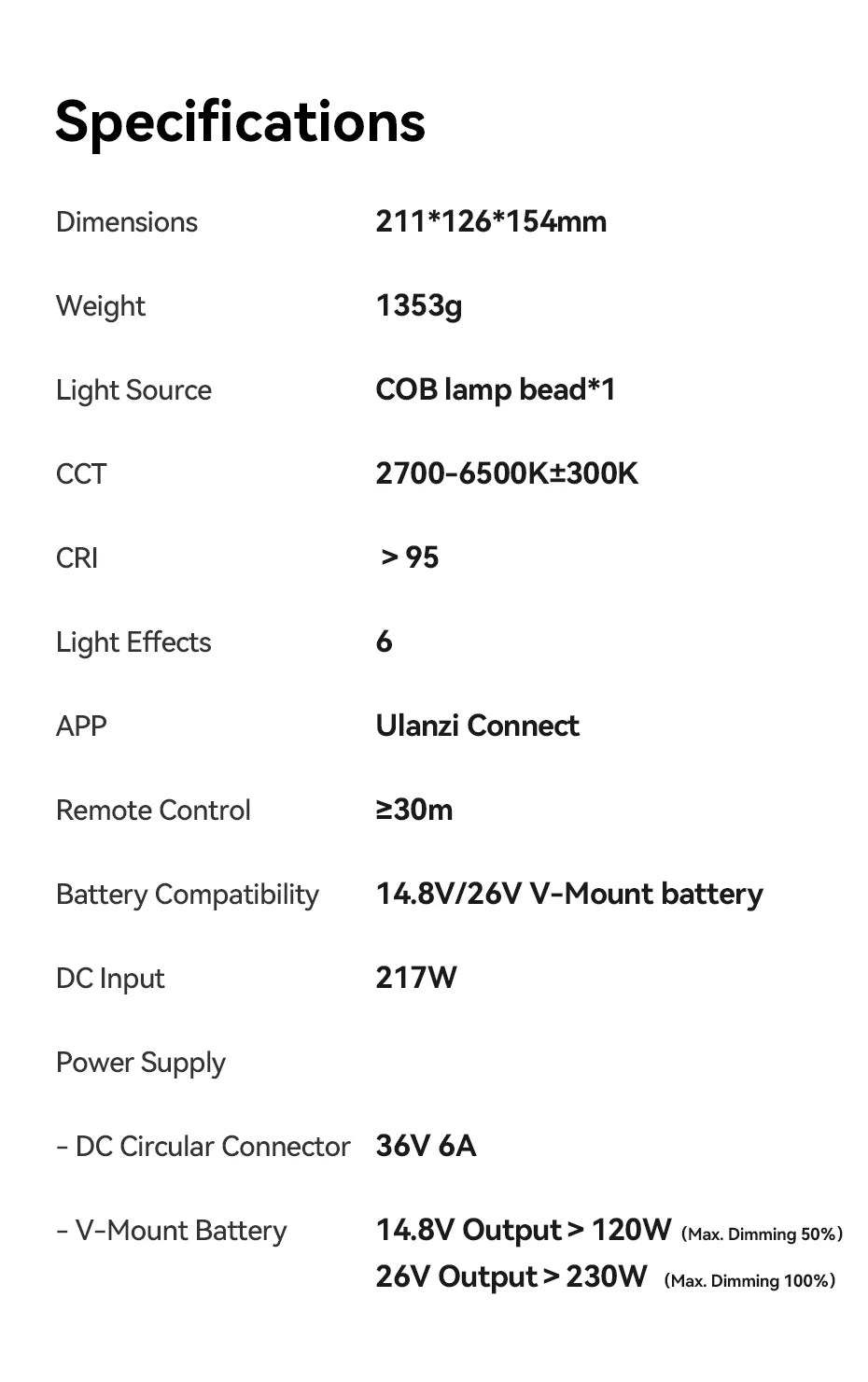 Technical specifications table for a COB LED video light, detailing power, battery compatibility, and lighting output.