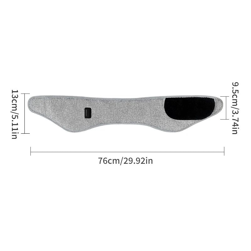 Gray heated full-wrap head massager for migraine relief and red light therapy with labeled dimensions.
