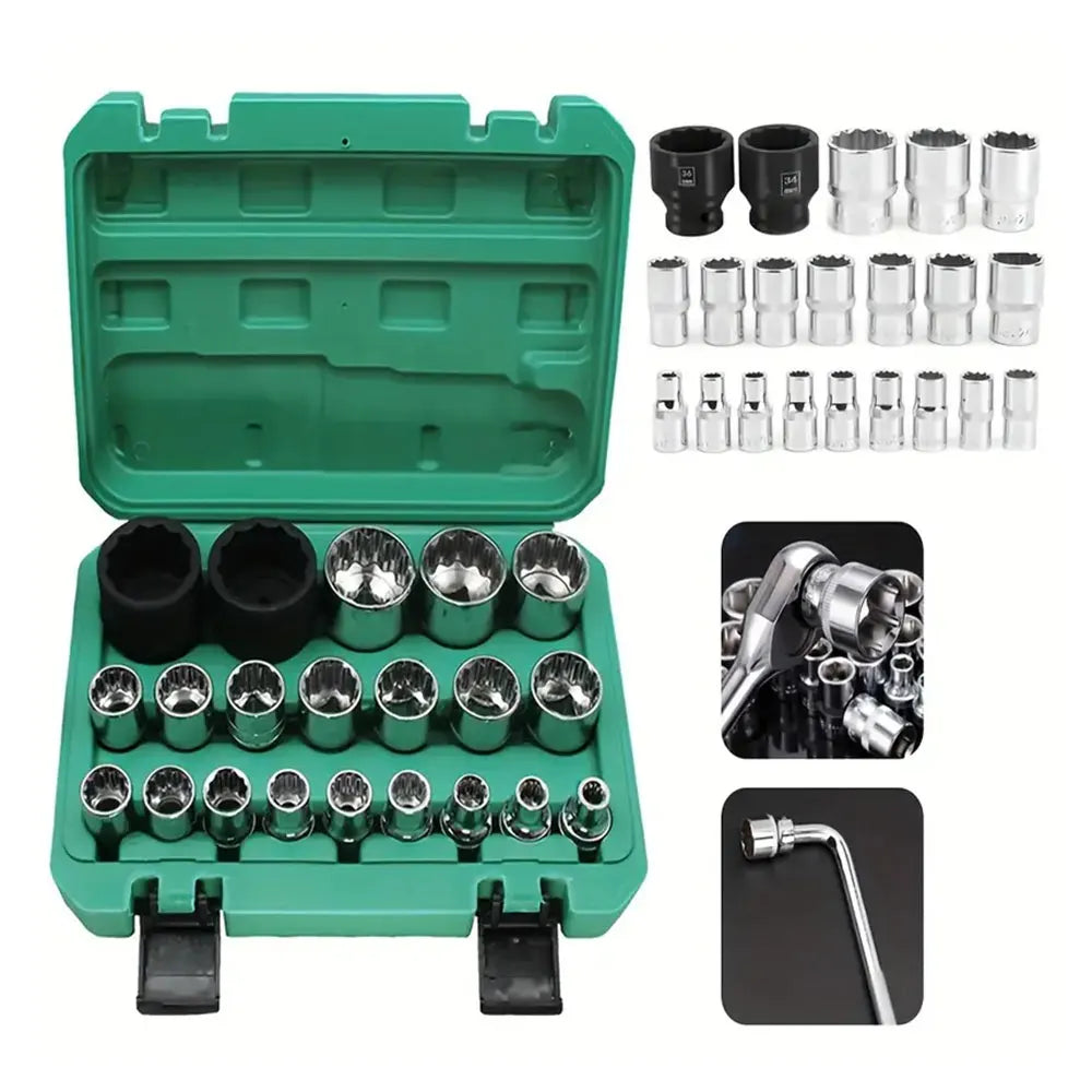 Podofo 21Pcs Socket Spanner Multi-Tooth For 6 and 12 Points Socket Set Mechanic Tool Kit Chrome Vanadium Steel Impact Universal Socket Wrench Set For Auto Car Repair Maintenance