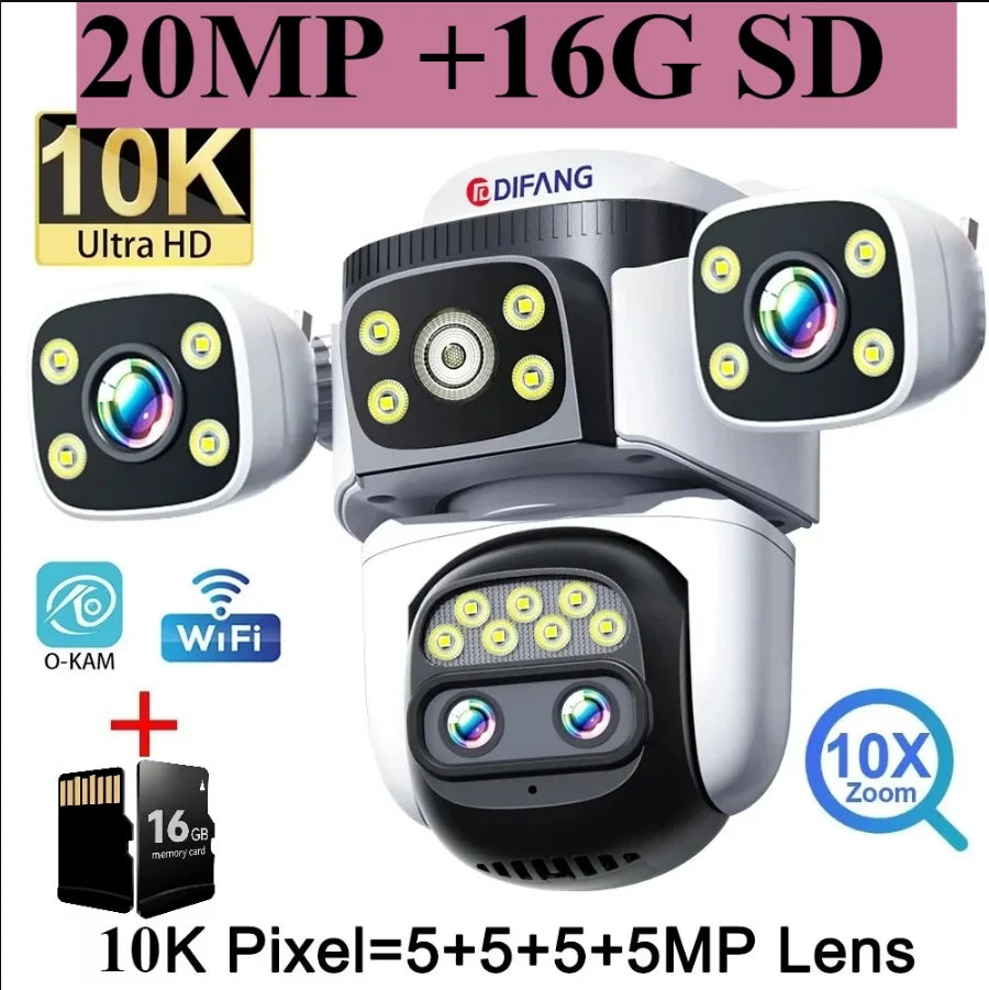 10K Outdoor 10X Optics Zoom WiFi6 Camera 20MP Three screen Four Len PTZ Automatic Tracking 6K Dual Lens Waterproof Security CCTV