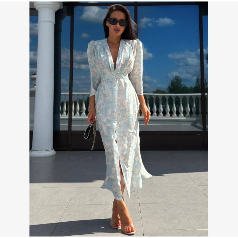 Fashion Sexy Organza Floral Printed Maxi Dress V-neck Puff Sleeve 2026 New Summer Romantic Women Party Gown Elegant Lady Vestido