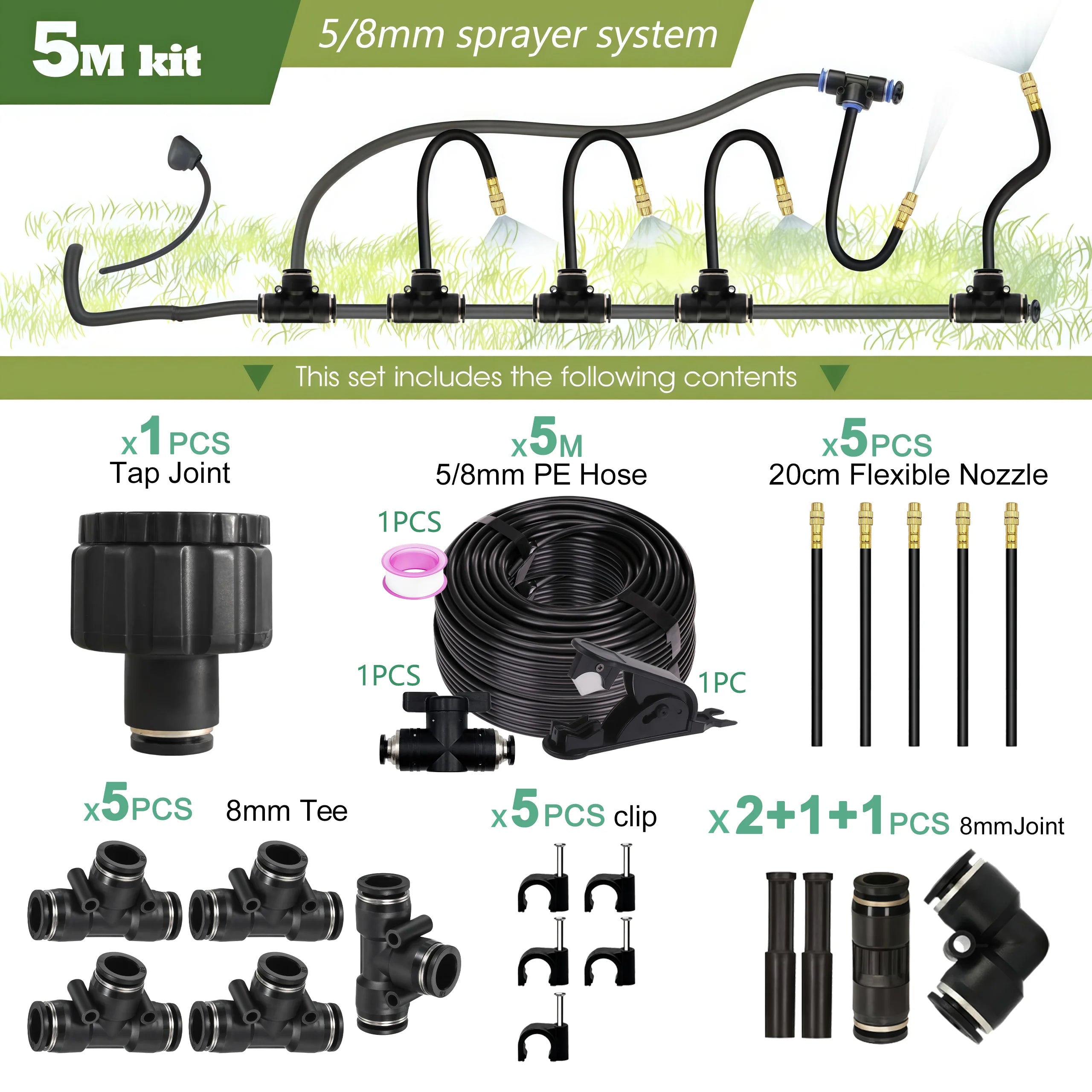 Garden 5 30M 8mm PE Hose 20cm 360 Bending Brass Nozzle Spray Kit Atomized Automatic Irrigation Equipment Plants Mist Watering System