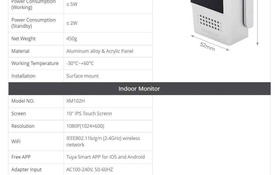 Tuya WiFi 10" Video Doorphone, With DC12V Fail Safe NC Lock, 1080P Doorbell Camera, IP65 Waterproof