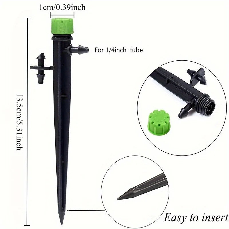 Black stake drip emitter with green top, sized for 1/4 in tube connections