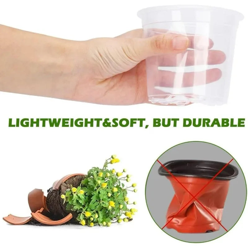 Clear lightweight nursery pot held by hand above seedlings, showing durability