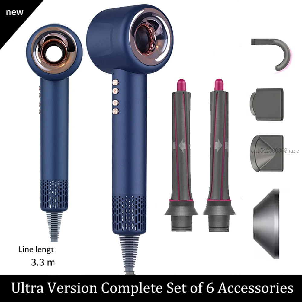 Blue 1600W leafless negative ion hair dryer with 6 styling attachments and 3.3m cord for professional hair care.