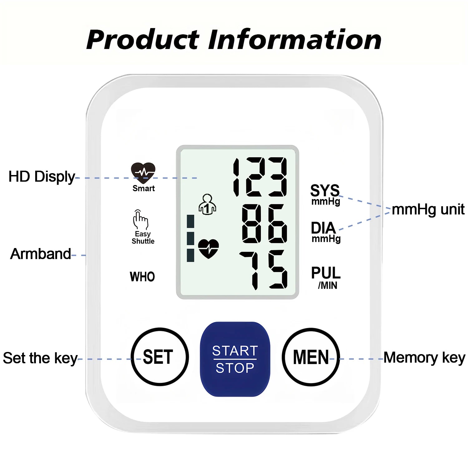 Upper Arm Digital Blood Pressure Monitor Automatic Home Medical BP Tensiometer Heart Rate Pulse Detector Large LCD Screen