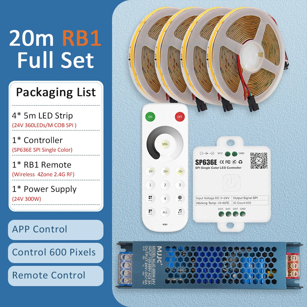 20m RB1 LED strip kit with SP636E controller, wireless remote, and 24V power supply