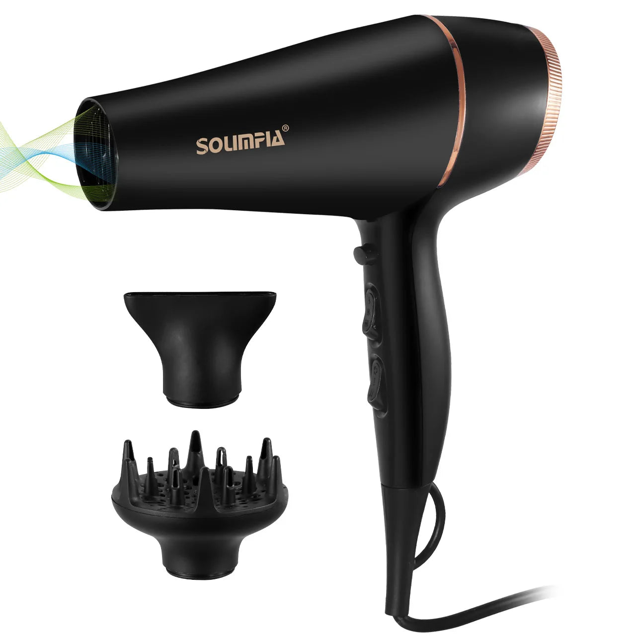 Professional black Solimpia hair dryer with diffuser and nozzle attachments for fast, salon-quality hair styling.
