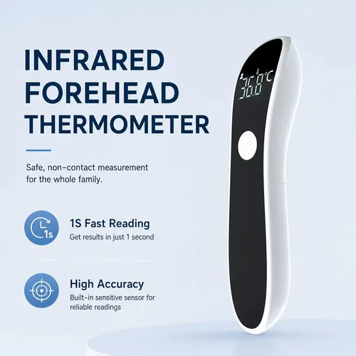 White infrared digital forehead baby thermometer with 1-second fast, accurate health readings.